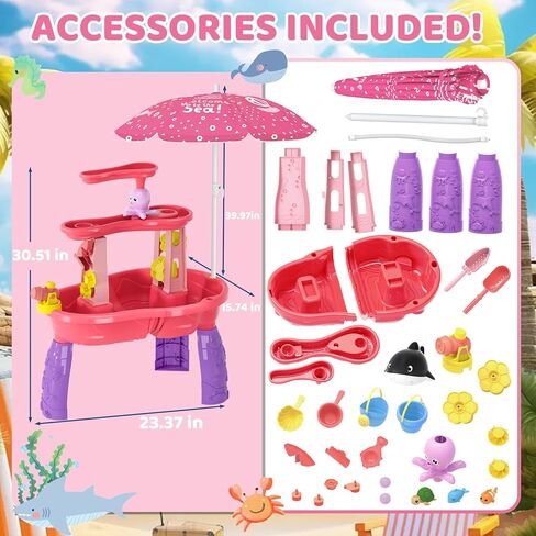 Water Table for Toddlers 3-5, 3-Tier Auto Water-Absorbing Kids Sand Water Table with Water Pump & Umbrella Splash Pond Toy, Sensory Play Table Toys for Outdoor Pool Beach Backyard Summer (Pink） in Saudi Arabia