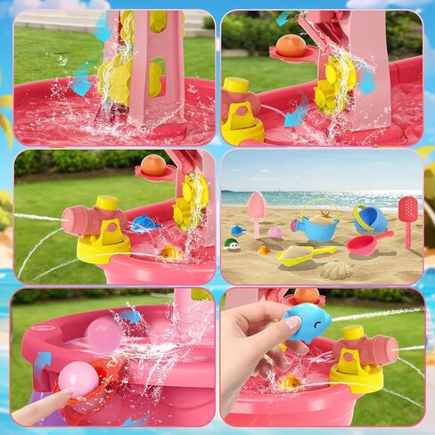 Water Table for Toddlers 3-5, 3-Tier Auto Water-Absorbing Kids Sand Water Table with Water Pump & Umbrella Splash Pond Toy, Sensory Play Table Toys for Outdoor Pool Beach Backyard Summer (Pink） in Saudi Arabia