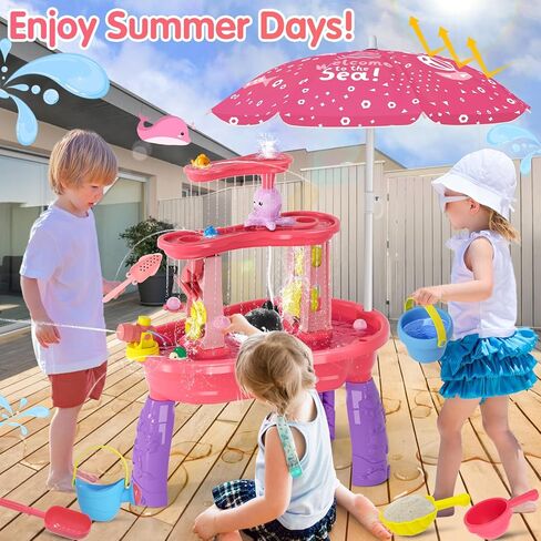 Water Table for Toddlers 3-5, 3-Tier Auto Water-Absorbing Kids Sand Water Table with Water Pump & Umbrella Splash Pond Toy, Sensory Play Table Toys for Outdoor Pool Beach Backyard Summer (Pink） in Saudi Arabia