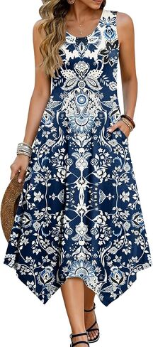 HOTOUCH Women's Casual Summer Dress Sleeveless Sundress Hankerchief Hem Midi Tank Dresses Beach Dress with Pockets in Kuwait