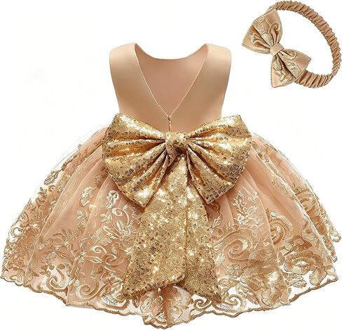 0-6T كبير Bowknot الترتر المطرزة الدانتيل حفلة توتو ثوب فتيات صغيرات يتدربن على المشي فستان مع أغطية الرأس in Saudi Arabia