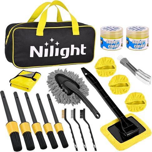 Nilight 15PCS Car Detailing Kit Auto Cleaning Tools Wash Set with Storage Carry Bag Beginners Easy to Use for Interior Exterior Car Care Clean Windshield Dashboard Seat Air Vents Wheels Tires, Yellow in Saudi Arabia