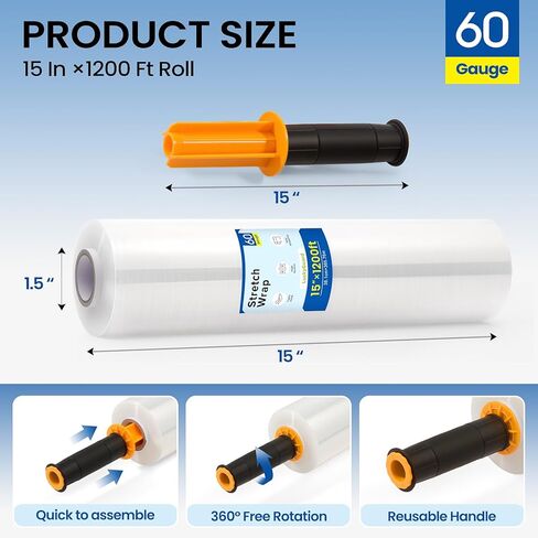 15 Inch x 1200 Ft Stretch Film Wrap 60 Gauge Self-Adhering Shrink Wrap Roll with Plastic Handles Industrial Strength up to 500% Stretch Wrap for Moving, Packing, Pallet Wrapping (2 Rolls, 60 Gauge) in Kuwait