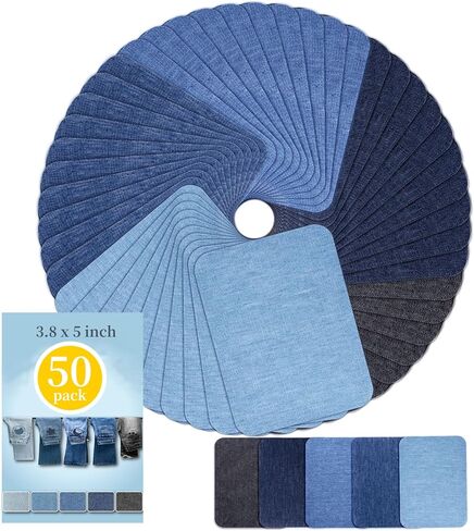 Iron on Patches for Jeans Kit, 50PCS Patches for Jeans, Iron on Denim Patches for Inside Jeans, Clothing, Denim, Knee, Pants 3.8" by 5"(Five Colors). in Kuwait