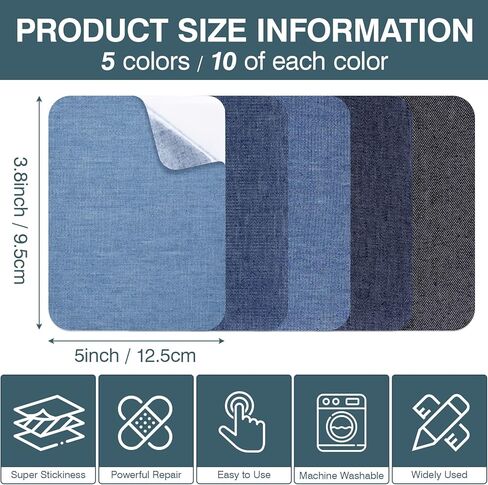 Iron on Patches for Jeans Kit, 50PCS Patches for Jeans, Iron on Denim Patches for Inside Jeans, Clothing, Denim, Knee, Pants 3.8" by 5"(Five Colors). in Kuwait