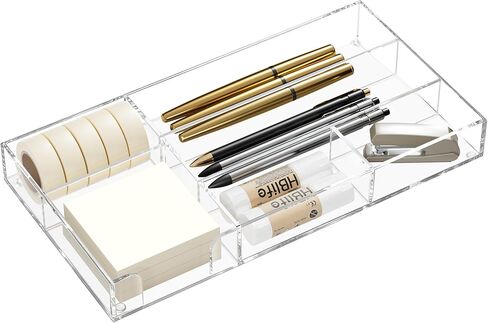 HBlife Acrylic Desk Drawer Organizer Tray with 6 Compartments, Small Clear Office Drawer Organizers and Accessories for Pens, Pencil, Makeup, Desktop, Bathroom and Kitchen, 11.65 x 6.1 x 1.38 Inch in Kuwait