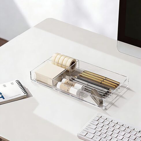 HBlife Acrylic Desk Drawer Organizer Tray with 6 Compartments, Small Clear Office Drawer Organizers and Accessories for Pens, Pencil, Makeup, Desktop, Bathroom and Kitchen, 11.65 x 6.1 x 1.38 Inch in Kuwait