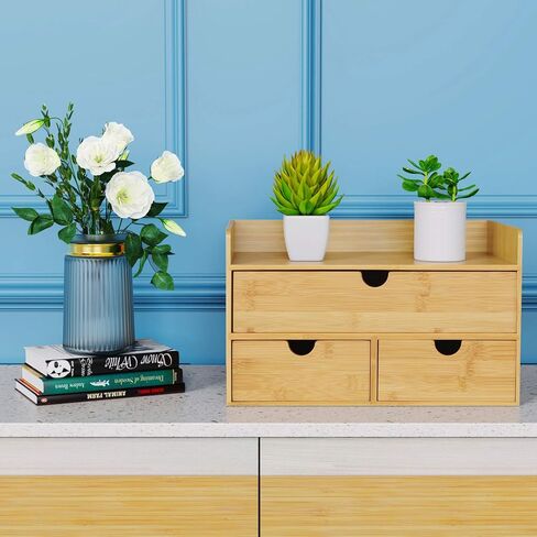 Wisuce Bamboo Desk Drawer Organizer, Desktop Organizer with Drawers Tabletop Storage Organization Box for Office Home Toiletries Supplies Vanity, No Assembly Required(1 with shelf-3 Drawers) in Saudi Arabia