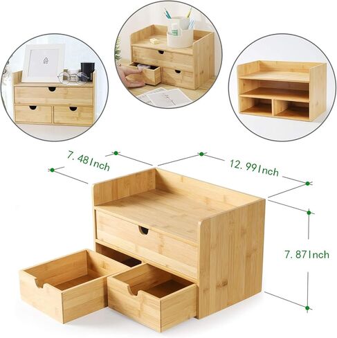 Wisuce Bamboo Desk Drawer Organizer, Desktop Organizer with Drawers Tabletop Storage Organization Box for Office Home Toiletries Supplies Vanity, No Assembly Required(1 with shelf-3 Drawers) in Saudi Arabia