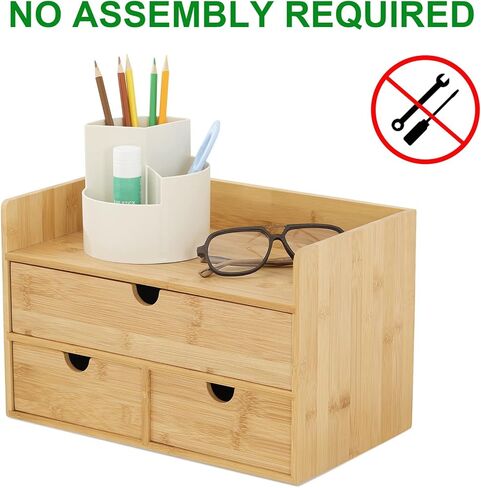 Wisuce Bamboo Desk Drawer Organizer, Desktop Organizer with Drawers Tabletop Storage Organization Box for Office Home Toiletries Supplies Vanity, No Assembly Required(1 with shelf-3 Drawers) in Saudi Arabia