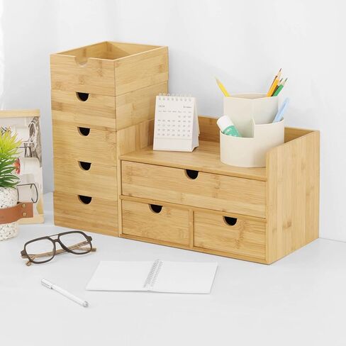 Wisuce Bamboo Desk Drawer Organizer, Desktop Organizer with Drawers Tabletop Storage Organization Box for Office Home Toiletries Supplies Vanity, No Assembly Required(1 with shelf-3 Drawers) in Saudi Arabia