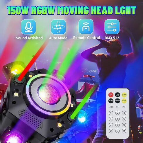 Moving Head DJ Lights, 150W RGBW LED 6 Arm Disco Ball Light with Mixed Lighting Effects, Sound Activated, DMX 512 Remote Control DJ Lights for Disco Club Wedding Party in Saudi Arabia