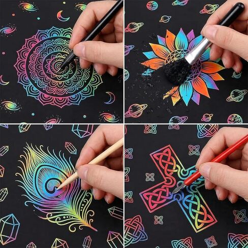 Nogeqi 11 Pcs Scratch Art Tools Scratching Drawing Tools Set: Artist Glove, Tool Bag, Scratch Coloring Pens, Plastic and Wooden Stylus, Scraper, Repair Pen, Clean Brush for Adults Teens Painting Paper in Kuwait
