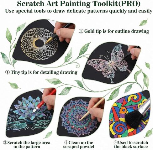 Nogeqi 11 Pcs Scratch Art Tools Scratching Drawing Tools Set: Artist Glove, Tool Bag, Scratch Coloring Pens, Plastic and Wooden Stylus, Scraper, Repair Pen, Clean Brush for Adults Teens Painting Paper in Kuwait