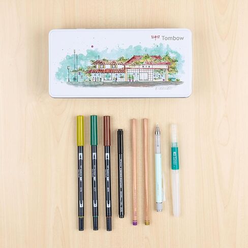 Tombow 56305 Urban Sketching Set, 8-Piece Art Set with Dual Brush Pens, Colored Pencils, Water Brush, Mechanical Pencil, Drawing Pen in Kuwait
