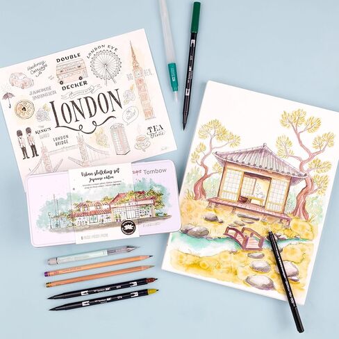 Tombow 56305 Urban Sketching Set, 8-Piece Art Set with Dual Brush Pens, Colored Pencils, Water Brush, Mechanical Pencil, Drawing Pen in Kuwait