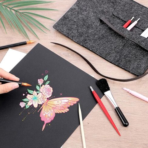 12 قطعة من أدوات الرسم للخدش، أداة فنية للرسم بالخدش، مجموعة رسم تتضمن قفاز الفنان، حقيبة تخزين، أقلام تلوين ذات طرفين، قلم بلاستيكي وخشبي، كاشطات، فرشاة نظيفة للبالغين in Kuwait