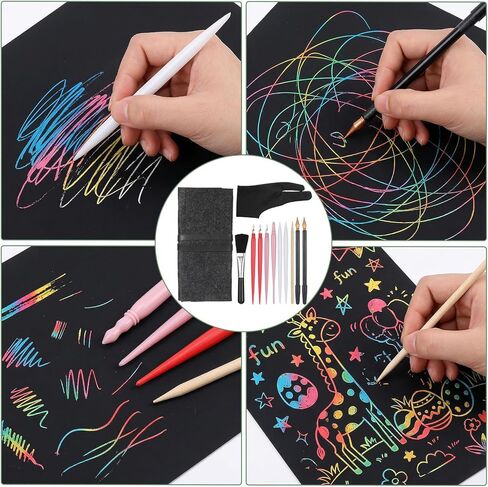 12 قطعة من أدوات الرسم للخدش، أداة فنية للرسم بالخدش، مجموعة رسم تتضمن قفاز الفنان، حقيبة تخزين، أقلام تلوين ذات طرفين، قلم بلاستيكي وخشبي، كاشطات، فرشاة نظيفة للبالغين in Kuwait