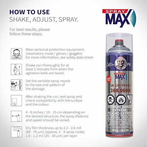 SprayMax 1K Uni Prime Gray | High Build Primer Filler for Metal, Aluminum & Plastics | Excellent Adhesion, Sandability & Corrosion Protection | Automotive Spray Paint | 14 oz in Kuwait
