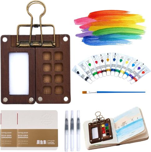 Mini Watercolor Paint Set with 12 Colors, Wooden Palette - 4 Brushes, 2 Sketchbooks & Portable Watercolor Kit for Travel, Pocket Painting Kit - Compact Design for Artists and Creative Sketching & Gifts in Kuwait