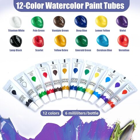Mini Watercolor Paint Set with 12 Colors, Wooden Palette - 4 Brushes, 2 Sketchbooks & Portable Watercolor Kit for Travel, Pocket Painting Kit - Compact Design for Artists and Creative Sketching & Gifts in Kuwait
