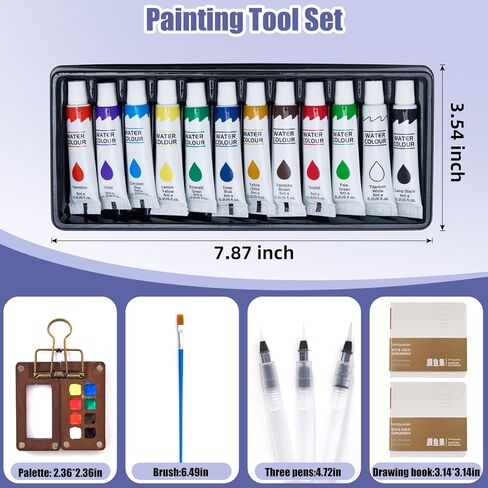 Mini Watercolor Paint Set with 12 Colors, Wooden Palette - 4 Brushes, 2 Sketchbooks & Portable Watercolor Kit for Travel, Pocket Painting Kit - Compact Design for Artists and Creative Sketching & Gifts in Kuwait