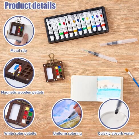 Mini Watercolor Paint Set with 12 Colors, Wooden Palette - 4 Brushes, 2 Sketchbooks & Portable Watercolor Kit for Travel, Pocket Painting Kit - Compact Design for Artists and Creative Sketching & Gifts in Kuwait