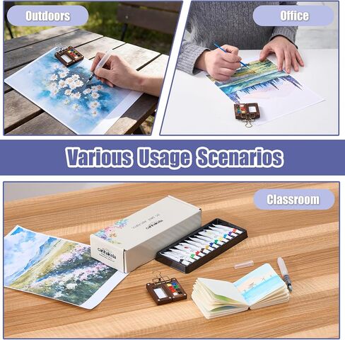 Mini Watercolor Paint Set with 12 Colors, Wooden Palette - 4 Brushes, 2 Sketchbooks & Portable Watercolor Kit for Travel, Pocket Painting Kit - Compact Design for Artists and Creative Sketching & Gifts in Kuwait