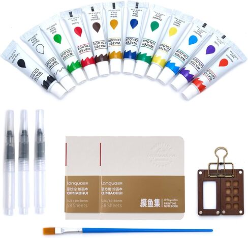 Mini Watercolor Paint Set with 12 Colors, Wooden Palette - 4 Brushes, 2 Sketchbooks & Portable Watercolor Kit for Travel, Pocket Painting Kit - Compact Design for Artists and Creative Sketching & Gifts in Kuwait