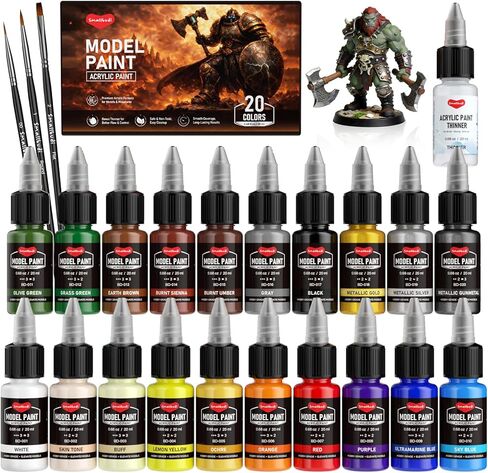 Smallbudi 20 Colors Model Paint Set (20ml/0.6oz), Modeling Acrylic Paint Set with 3 Brushes and 1 Thinner for Brush Use & Airbrushing, Miniature Paint Set for Models, Gaming Figures, 3D Prints, Crafts in Kuwait