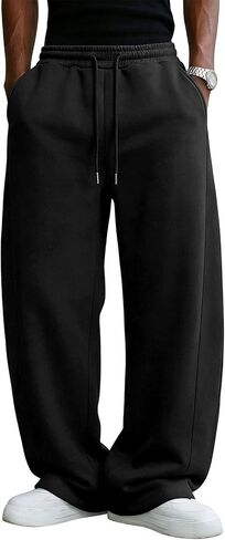 Men's Baggy Sweatpants Cotton Fleece Wide Leg Lounge Sweat Pants Drawstring Waist Jogging Pants with Pockets,Black,XXL in Saudi Arabia