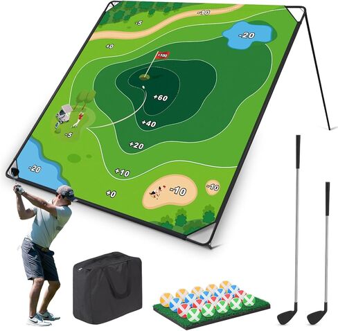 MOLACHI Golf Chipping Game, 71"x71" Portable Sticky Golf Play Mat, Indoor Outdoor Golf Practice, 2 Adjustable Clubs ＆ 20 Sticky Golf Balls for Adults, Family Fun Yard Game Lawn Activity in Kuwait