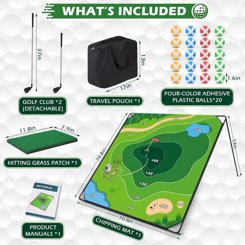 MOLACHI Golf Chipping Game, 71"x71" Portable Sticky Golf Play Mat, Indoor Outdoor Golf Practice, 2 Adjustable Clubs ＆ 20 Sticky Golf Balls for Adults, Family Fun Yard Game Lawn Activity in Kuwait