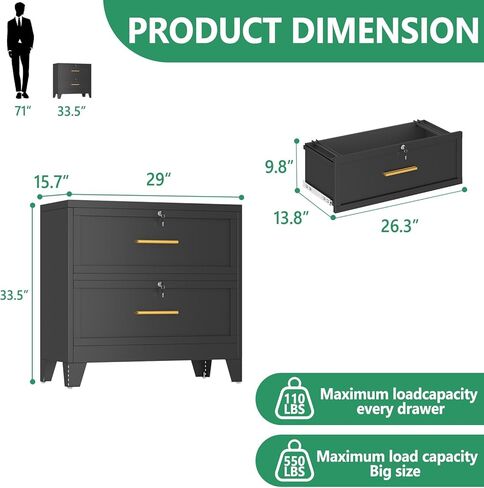 Metal Lateral File Cabinet with Lock,2 Drawer Steel Wide Filing Organization Storage Cabinets,Filing Cabinet for Legal/Letter/A4/F4 Size with Hanging Files&Key,Lockable Cabinet for Home Office in Saudi Arabia