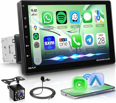راديو سيارة Carplay لاسلكي واحد Din Android Auto، Rimoody 9 بوصة تعمل باللمس ستيريو سيارة قابل للفصل مع بلوتوث 5.0 وصلة مرآة FM/EQ USB/AUX/TF/SWC/MIC كاميرا احتياطية لمستقبل صوت السيارة in Kuwait