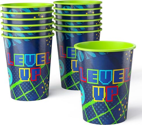 Amscan Pack of 12 Reusable 16 oz Plastic Cups – Durable Party Cups for Kids, Stackable and BPA-Free – Fun Level Up Gaming Theme Design for Birthdays, Parties, Summer & More in Saudi Arabia
