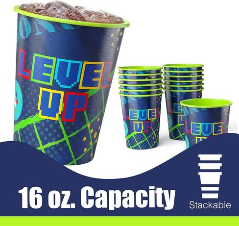 Amscan Pack of 12 Reusable 16 oz Plastic Cups – Durable Party Cups for Kids, Stackable and BPA-Free – Fun Level Up Gaming Theme Design for Birthdays, Parties, Summer & More in Saudi Arabia