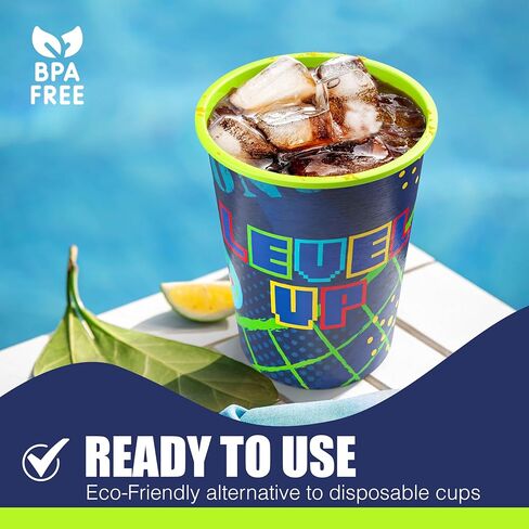 Amscan Pack of 12 Reusable 16 oz Plastic Cups – Durable Party Cups for Kids, Stackable and BPA-Free – Fun Level Up Gaming Theme Design for Birthdays, Parties, Summer & More in Saudi Arabia