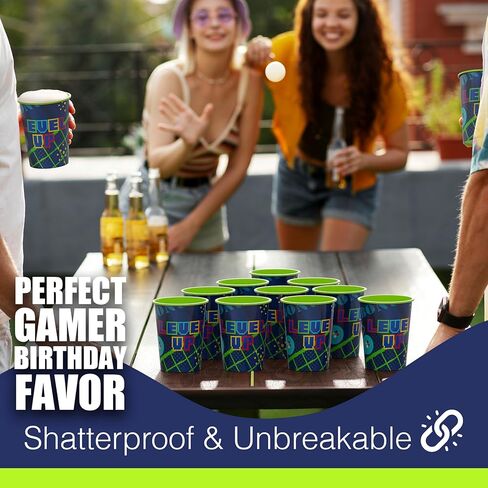 Amscan Pack of 12 Reusable 16 oz Plastic Cups – Durable Party Cups for Kids, Stackable and BPA-Free – Fun Level Up Gaming Theme Design for Birthdays, Parties, Summer & More in Saudi Arabia