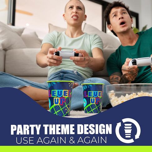 Amscan Pack of 12 Reusable 16 oz Plastic Cups – Durable Party Cups for Kids, Stackable and BPA-Free – Fun Level Up Gaming Theme Design for Birthdays, Parties, Summer & More in Saudi Arabia