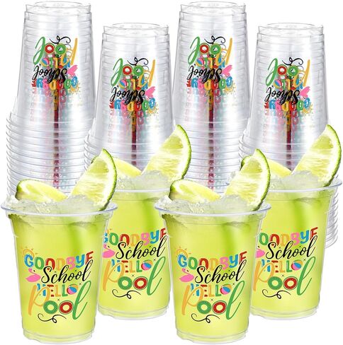 Qinyoung 50 Pcs Goodbye School Hello Pool Disposable Cups Graduation Clear Plastic Drinking Cups Summer Pool Party Decorations Party Supplies Favors for Summer End of School Year in Kuwait