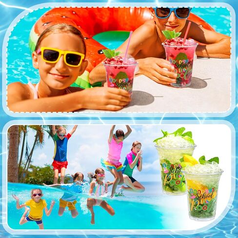 Qinyoung 50 Pcs Goodbye School Hello Pool Disposable Cups Graduation Clear Plastic Drinking Cups Summer Pool Party Decorations Party Supplies Favors for Summer End of School Year in Kuwait