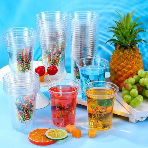 Qinyoung 50 Pcs Goodbye School Hello Pool Disposable Cups Graduation Clear Plastic Drinking Cups Summer Pool Party Decorations Party Supplies Favors for Summer End of School Year in Kuwait