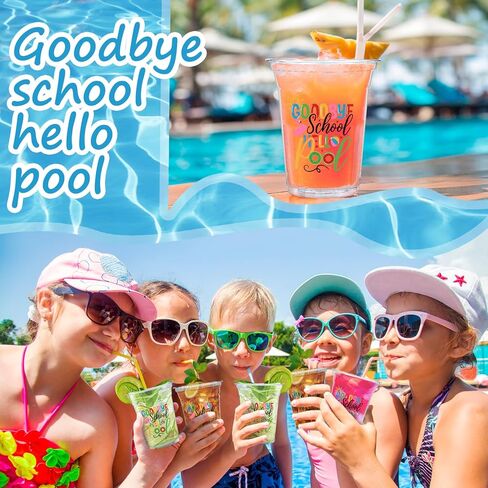 Qinyoung 50 Pcs Goodbye School Hello Pool Disposable Cups Graduation Clear Plastic Drinking Cups Summer Pool Party Decorations Party Supplies Favors for Summer End of School Year in Kuwait