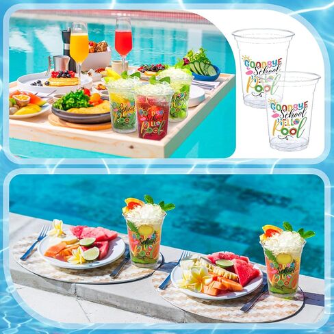 Qinyoung 50 Pcs Goodbye School Hello Pool Disposable Cups Graduation Clear Plastic Drinking Cups Summer Pool Party Decorations Party Supplies Favors for Summer End of School Year in Kuwait