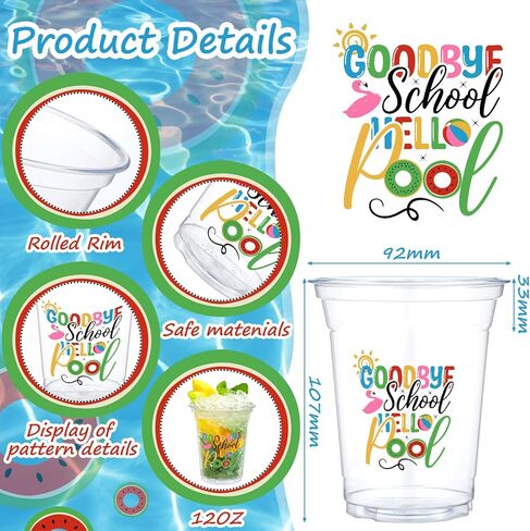 Qinyoung 50 Pcs Goodbye School Hello Pool Disposable Cups Graduation Clear Plastic Drinking Cups Summer Pool Party Decorations Party Supplies Favors for Summer End of School Year in Kuwait