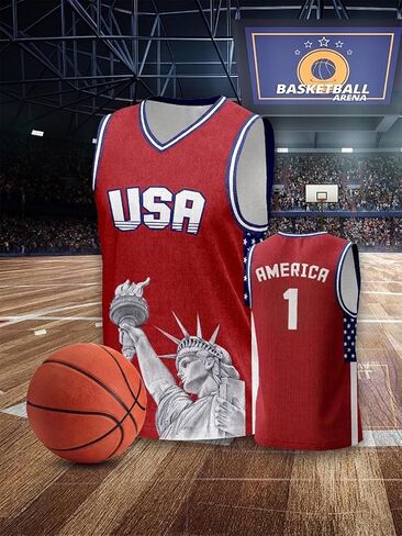4th of July Men's Basketball Jersey with Statue of Liberty USA Patriotic White Red Blue Basketball Shirt for Independence Day in Saudi Arabia