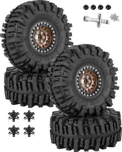 RC 1.9 Beadlock Wheels 1.9 Beadlock Tires for 1/10 SCX10 90046 AX103007 TRX4 TRX6 D90 VS4-10 MST CFX Gen8 7 RC Crawler,Alloy Aluminium rc Wheel Rim w/Rings & Rubber Tires,Brown w/Black in Kuwait