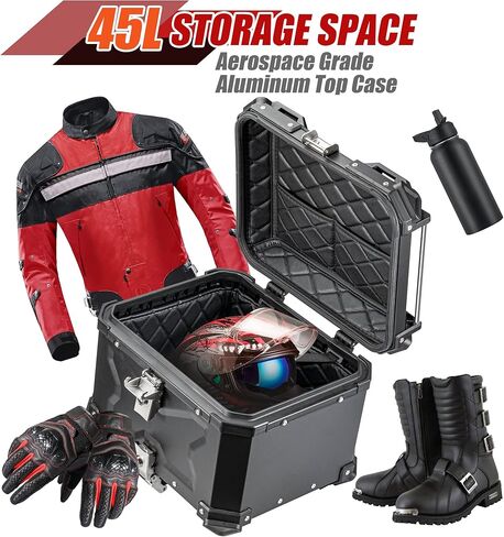 Motorcycle Top Case 45L, Aluminum Motorcycle Trunk, Waterproof Lockable Tail Box, Large Capacity Storage for Touring Travel, Anti-Theft Design, Easy Install, Universal Fit, Black in Kuwait