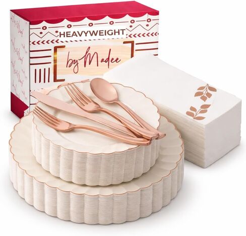 By Madee: HEAVYWEIGHT 175 Pcs | Ivory Scalloped Plastic Plates with Rose Gold Trim | Fancy Disposable Dinnerware Set | Elegant Disposable Dinnerware | Rose Gold Party Plates and Napkins (25 Guests) in Saudi Arabia